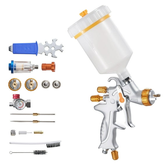 KFFKFF HVLP Gravity Feed Spray Gun, Paint Sprayer with 3 Interchangeable Nozzles (1.3/1.4/1.7mm), 600ml Capacity, Includes Air Regulator for Automotive Primers, Clear Coats, and Topcoats