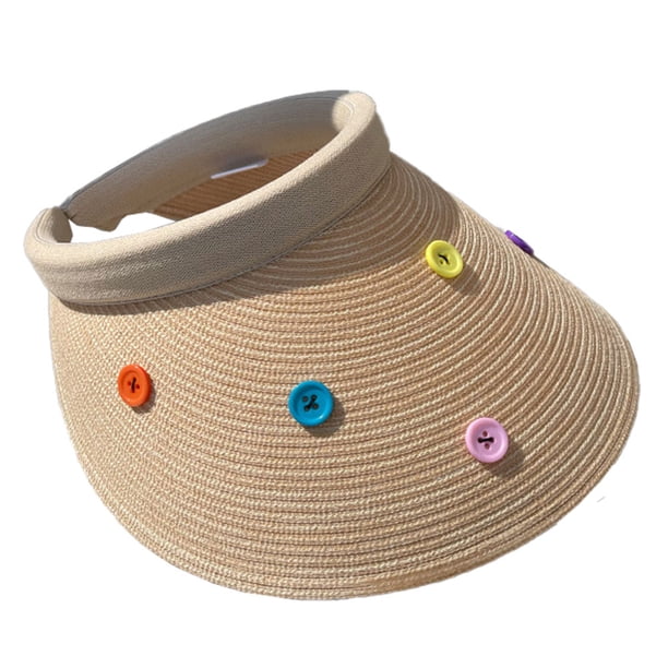 Sombrero de paja con parte superior vacía y botón de color con circunferencia de la cabeza de 56-58 cm para mujer, sombrero de verano de ala grande con protección solar, sombrero de playa