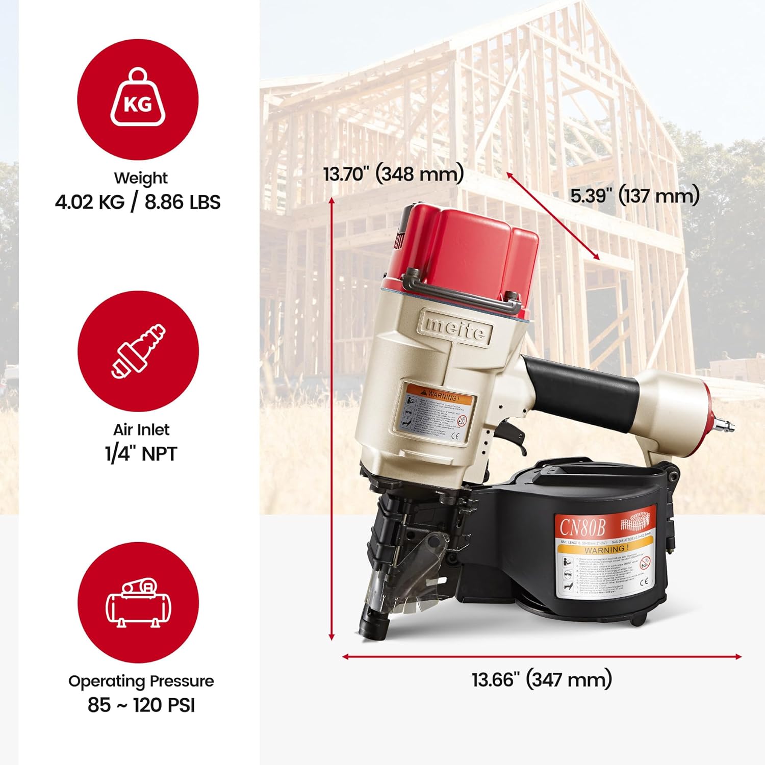 MEITE CN80B Pneumatic Coil Siding Nailer 15 Degree 2" to 3-1/4" Industrial Coil Nail Gun