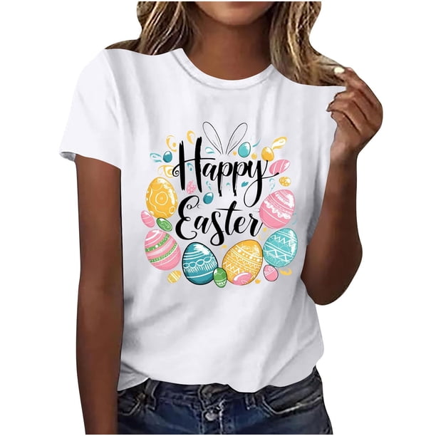 Mujeres de Manga Corta Tops Casual Nuevo Cuello Redondo Pascua, Ligera Camiseta de Poliéster Spandex