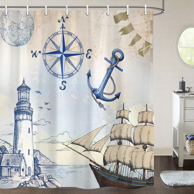 Lighthouse Nautical Shower Curtain - Sailboat Compass Anchor Vintage Waterproof Polyester Bathroom Decor 72 x 72 Inch Includes Hooks
