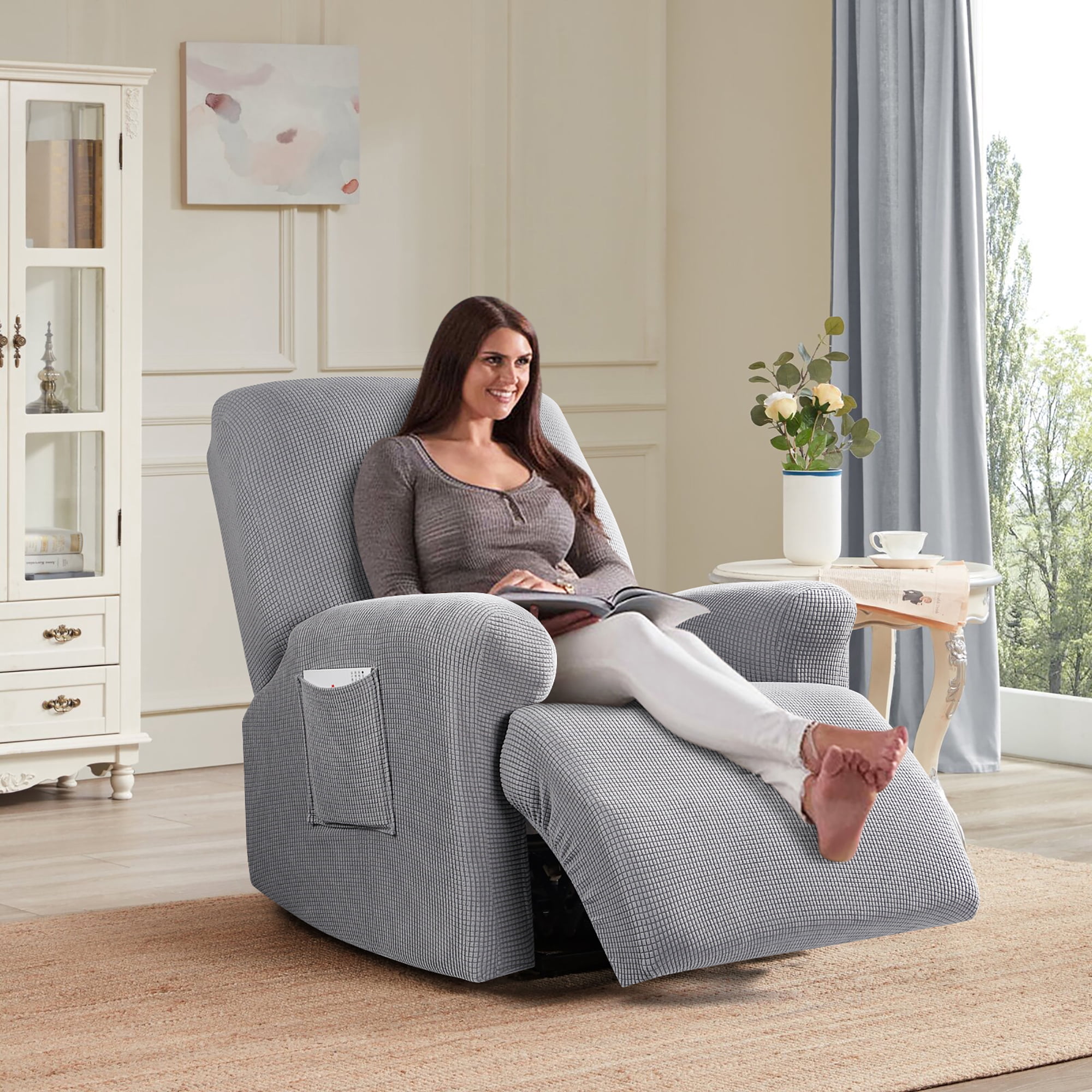 TAOCOCO 4 Pieces Stretch Recliner Slipcover, Jacquard Recliner Chair Cover Furniture Protector for Pet, Kids Dusty Gray