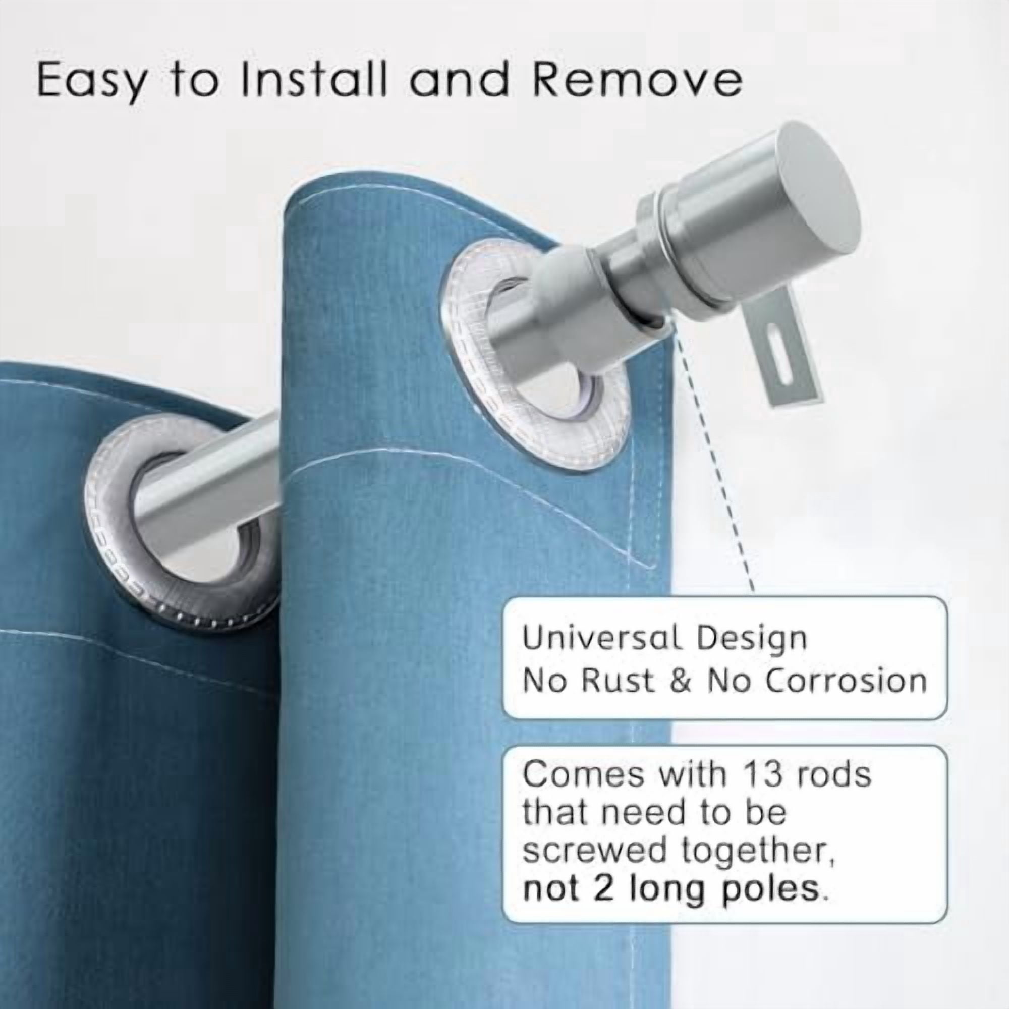 Curtain Rods for Windows 16 to 200 Inches Adjustable Length 1 Inch Diameter Window Curtain Rod with Aluminium End Cap, Silver Gray