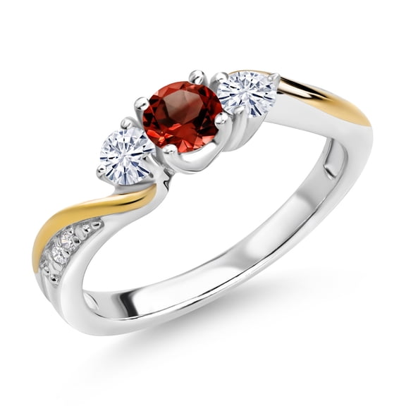 Gem Stone King 925 Silver and 10K Yellow Gold Red Garnet White Moissanite and White Lab Grown Diamond 3 Stone Engagement Ring for Women (0.60 Cttw, January Birthstone, Size 6)