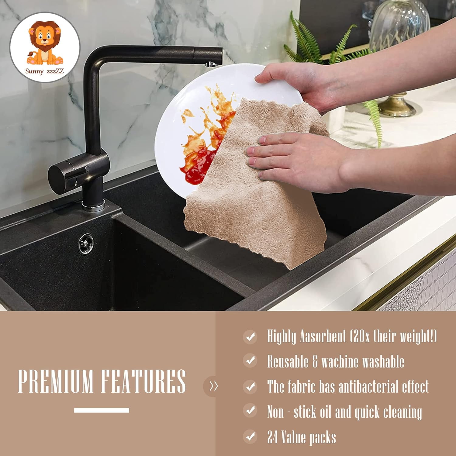 24 Pack Kitchen Dish Cloths - Lint Free - Reusable Dish Towels, Dish Cloths, Super Absorbent Coral Fleece Cleaning Cloths, Non-stick, Oil-free, Washable, Quick Drying, 7 x 9 Inch