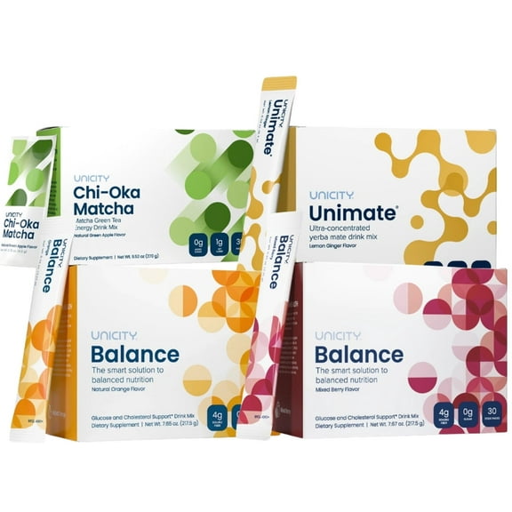 Unicity Trio Feelgreat pack with Chi-Oka matcha: Balance Mixed Berry, Natural Orange and Unimate Lemon Ginger 1 Box each (90 Packets)   Chi-Oka matcha 1 Box (30 Packets)