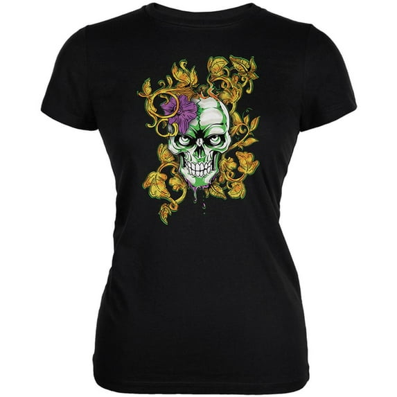 Mardi Gras Voodoo Zombie Skull Juniors Soft T Shirt Black X-LG