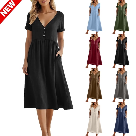 Tqyyweavej Women's Summer Dresses Pleated Solid Color Short Sleeve Dress Flowy Botton Deep V Neck Maxi Dresses for Women with Pockets