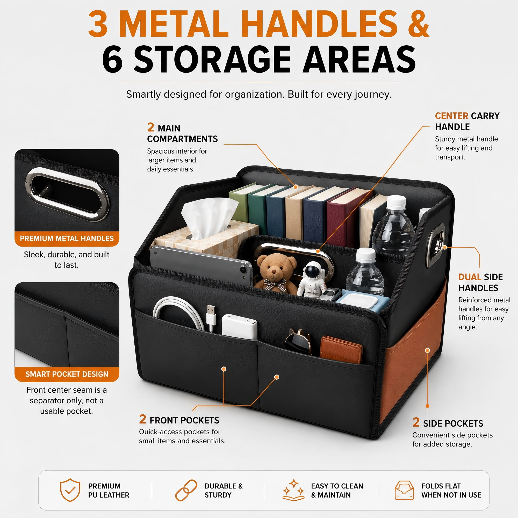 Noaman Leather Car Seat Organizer for Front & Back Seats with 6 Compartments & 3 Handles – Black & Brown