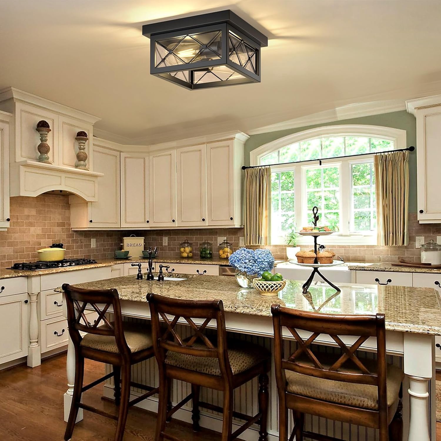 Farmhouse Light Fixtures Ceiling Mount 2-Light Black Flush Mount Ceiling Light with Clear Glass Shade Metal Cage Square Ceiling Lamp for Bathroom Kitchen Porch (Bulbs Not Included)