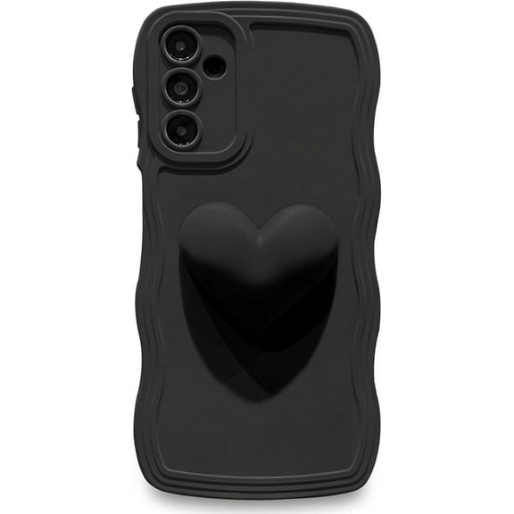 for Samsung Galaxy A14 5G Phone Case for Women, Cute Kawaii 3D Love Heart Aesthetic Curly Wavy Non-Slip Camera Cover Shockproof Soft Silicone A14 Phone Cover 6.6" (Black)