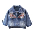 thumbnail image 4 of AVRNLIQ Girls Embroidered Blue Denim Jacket, Relaxed Lapel Jean Jacket with Frayed Pockets for Kids Kids Casual Outerwear,Size 2 T, 4 of 8