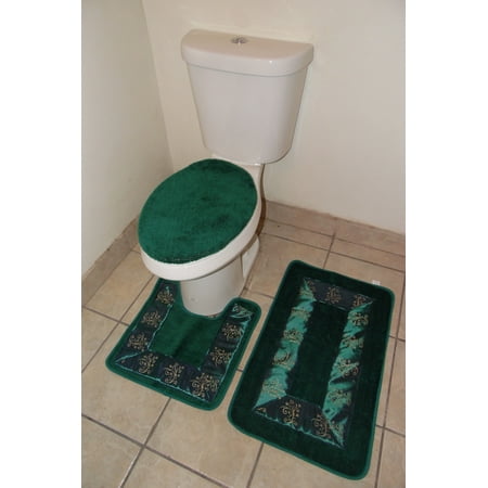 5 Light Bath - 3-PC (#5) HUNTER GREEN Embroidery Design Bathroom Bath Mat Set Includes, 1 Contour Mat, 1 Lid Toilet Cover, 1 Bath Mat Ultra Absorbent with Anti-Slip Backings