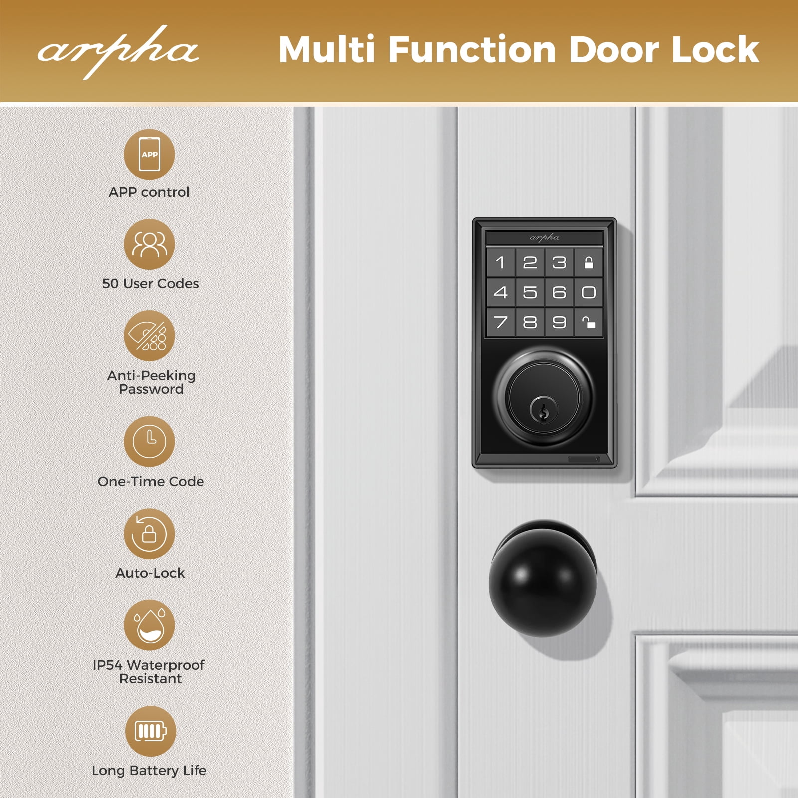ARPHA Keyless Entry Door Lock with App Control, Smart Keypad Deadbolt with 2 Door Knobs, 100 Code Door Locks for Front Door, One Time Code, Auto Lock Easy to Install