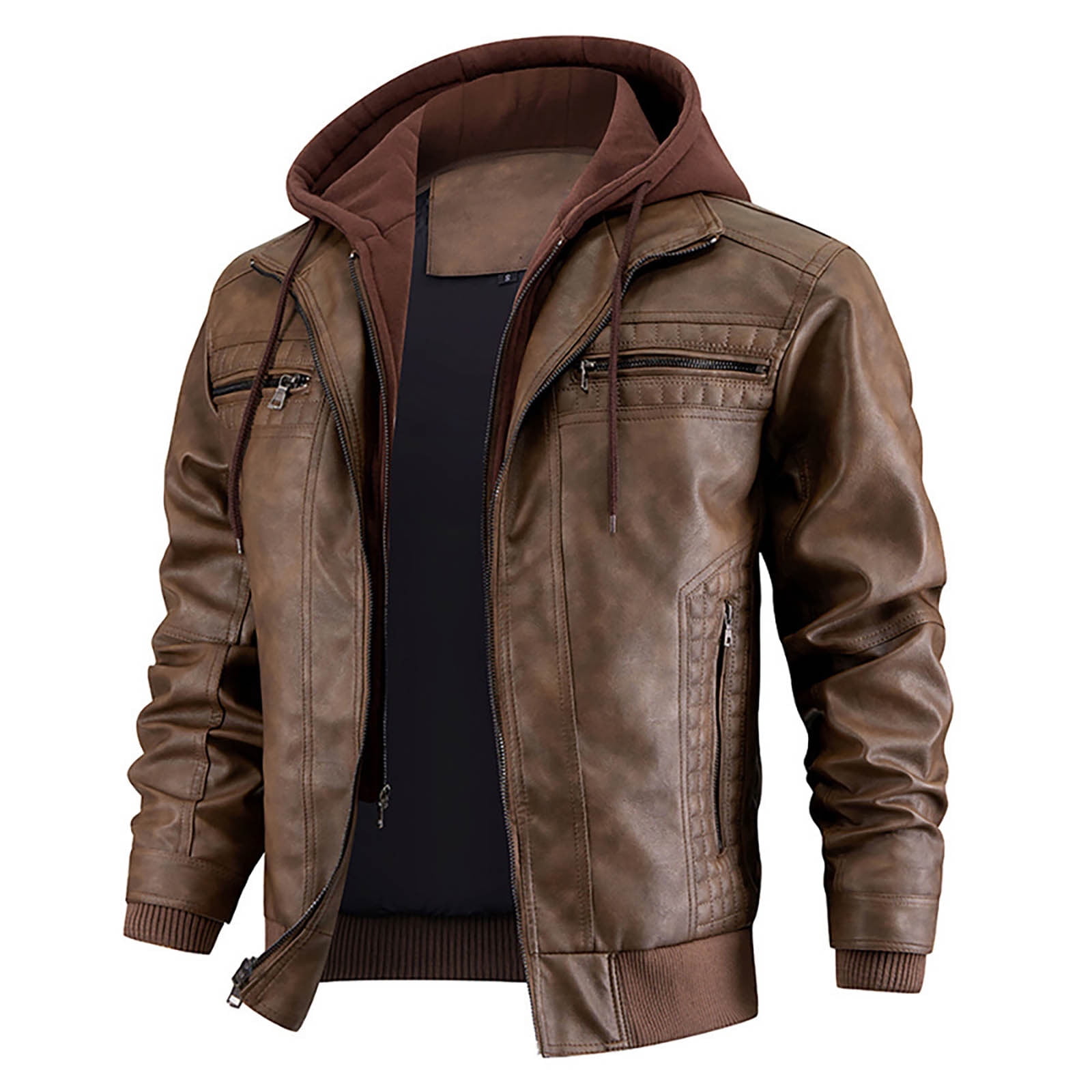 Tiweut PU Leather Jackets for Mens Mens Fall and Winter Long Sleeve Hooded Outdoor Style Coat Tops Brown,S