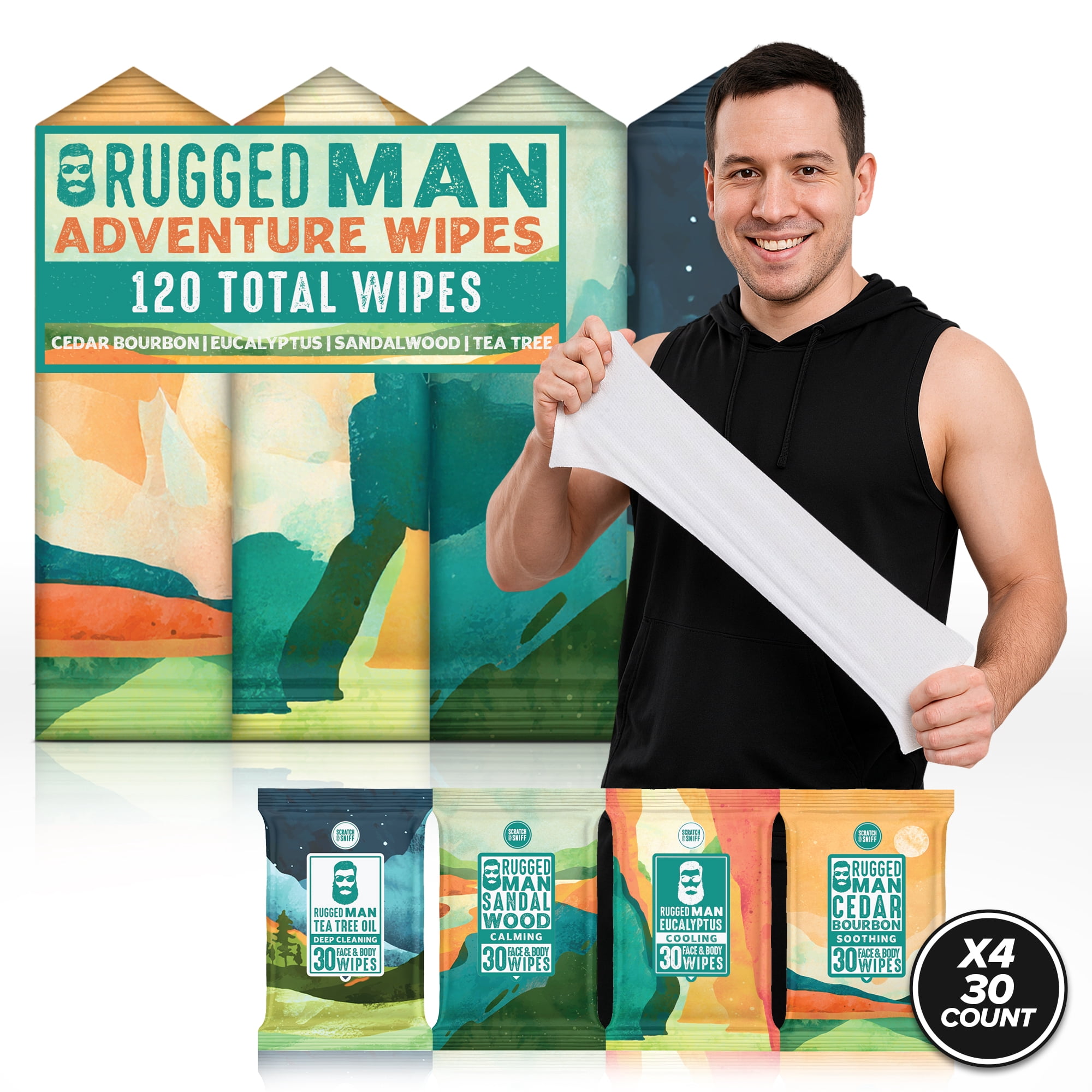 Face Body Wipes for Men 120 Total (4 Packs 30 Wipes) Travel Cleansing Wet Wipes