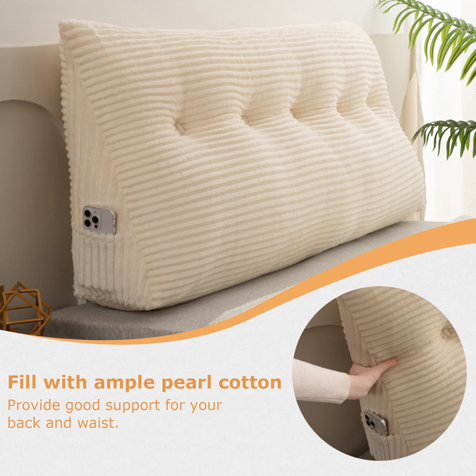 Lovote Triangular Headboard Pillow with Side Pockets, Velvet Fabric, Vertical Stripe Pattern Bed Rest Reading Pillow, Removable & Washable Cover, Daybed Wedge Pillow for Twin Beds