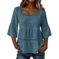 thumbnail image 3 of Craaazy Shirts for Women 3/4 Sleeve Relaxed Fit Solid Color Square Neck Cotton Linen Tees for Casual Outings, Summer Vacation, 3 of 6