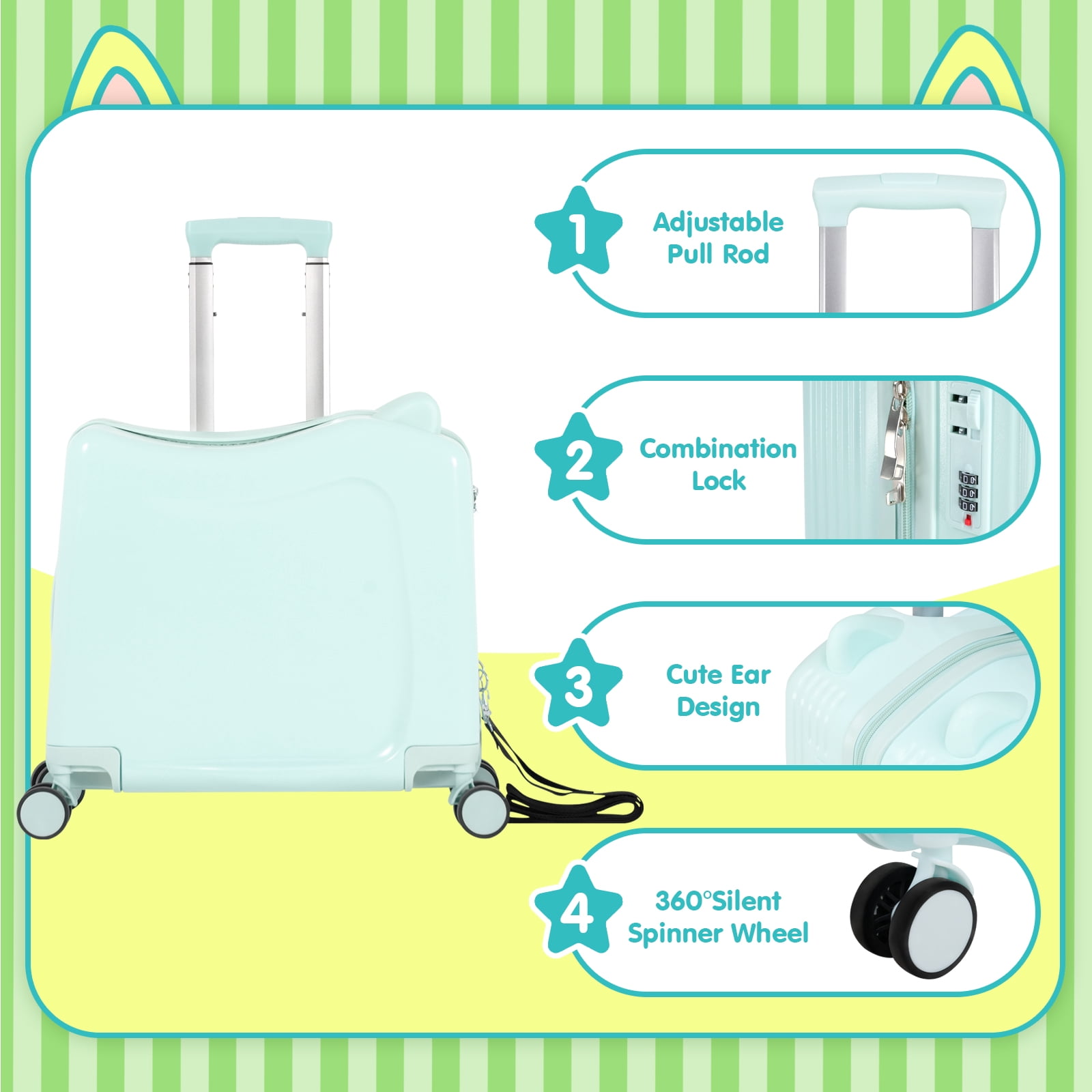Advwin 20" Ride on Hardshell Suitcase with Spinner Wheels for Kids, Lightweight Trolley Luggage with Carry Strap, Carry on Travel Luggage with Lock, Mint Green