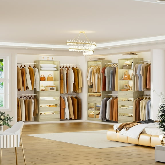 Aheaplus 3-Piece Closet Storage System,2 Adjustable Wooden Closet Units (8 Drawers & 8 Hanging Rods) Freestanding Tower (4 Cubbies) , Heavy-Duty Walk-In Closet Organizer,White Oak