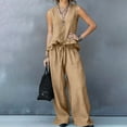 thumbnail image 6 of mihongmao 80s Outfit for Ladies Date Night Sets Women's Casual Summer Beach Loose Two Piece Outfit Sleeveless V Neck Ruffle Top Wide Leg Pants Set Khaki 2X, 6 of 9
