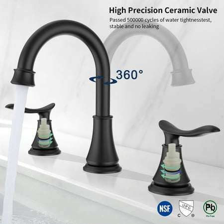 

Hefilesy 2-Handle 8 inch Widespread Bathroom Sink Matt Black Lavatory 3 Hole 360° Swivel Vanity Sink Basin Faucets 3007B-MB