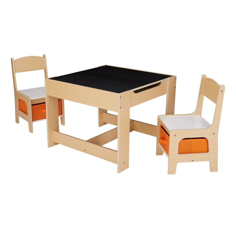 Senda Kids 3 Piece Wooden Storage Table and Chairs Set White and Natural Ages 3 7 Walmart