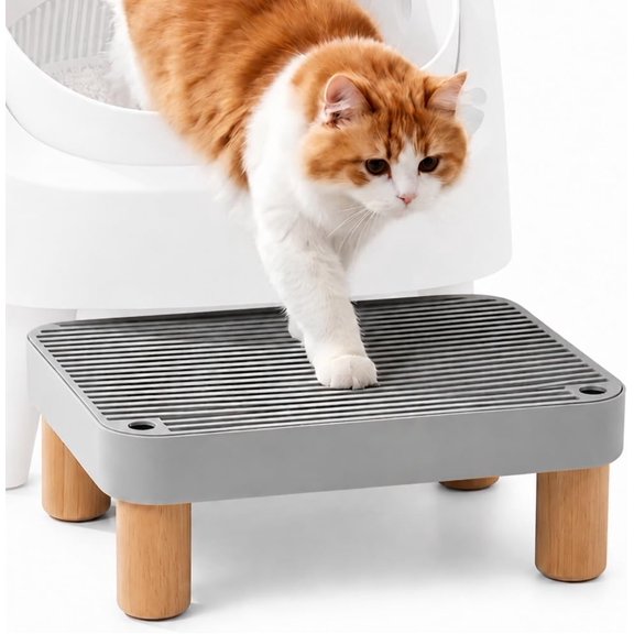 Litter Box Step, Litter Box Ramp/Catcher with Wooden Base, Anti-Tracking & Easy to Clean, Ideal for Small & Elderly Cats