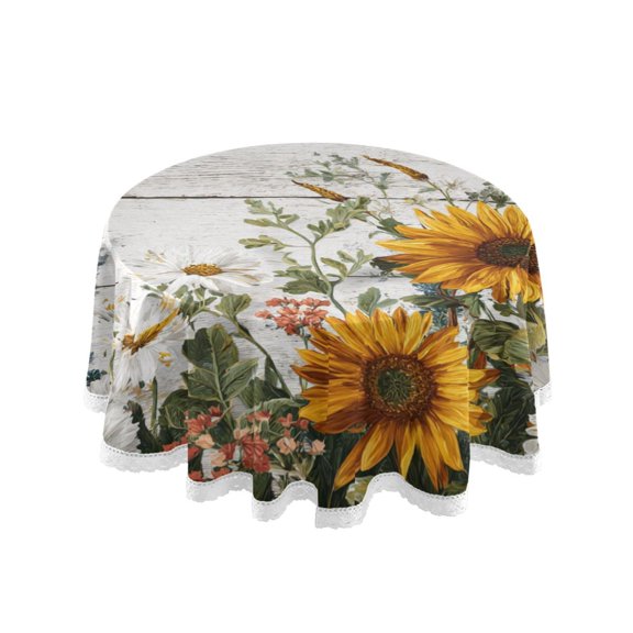 Round Single Sided Printed Tablecloth, 60 Inch Polyester Round Table Cover with White Lace Trim, Wrinkle Resistant Decorative Table Cloth for Home Beautiful Yellow Chrysanthemum