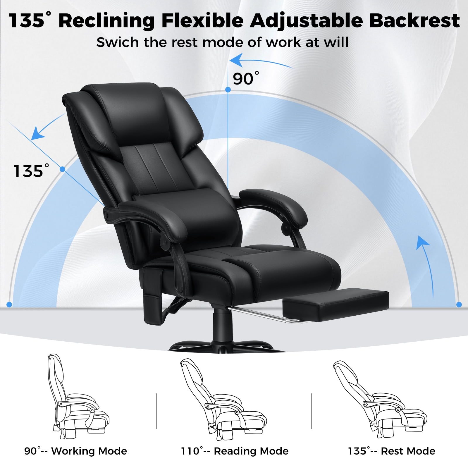 Hoffree Massage Office Chair with Heat Home Office Desk Chair with Retractable Footrest High Back Executive Leather Chair Reclining Office Chair with Lumbar Back Support for Office