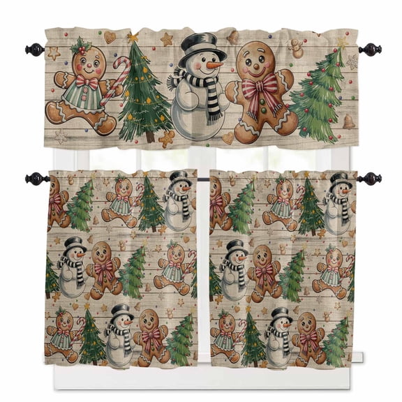 Christmas Kitchen Curtains and Valances Set, Gingerbread Man Snowman Xmas Tree Star Wood Grain Rod Pocket Window Valance Window Curtain Panels for Living Room Bedroom Laundry, 27.5x24in, 3 Pieces