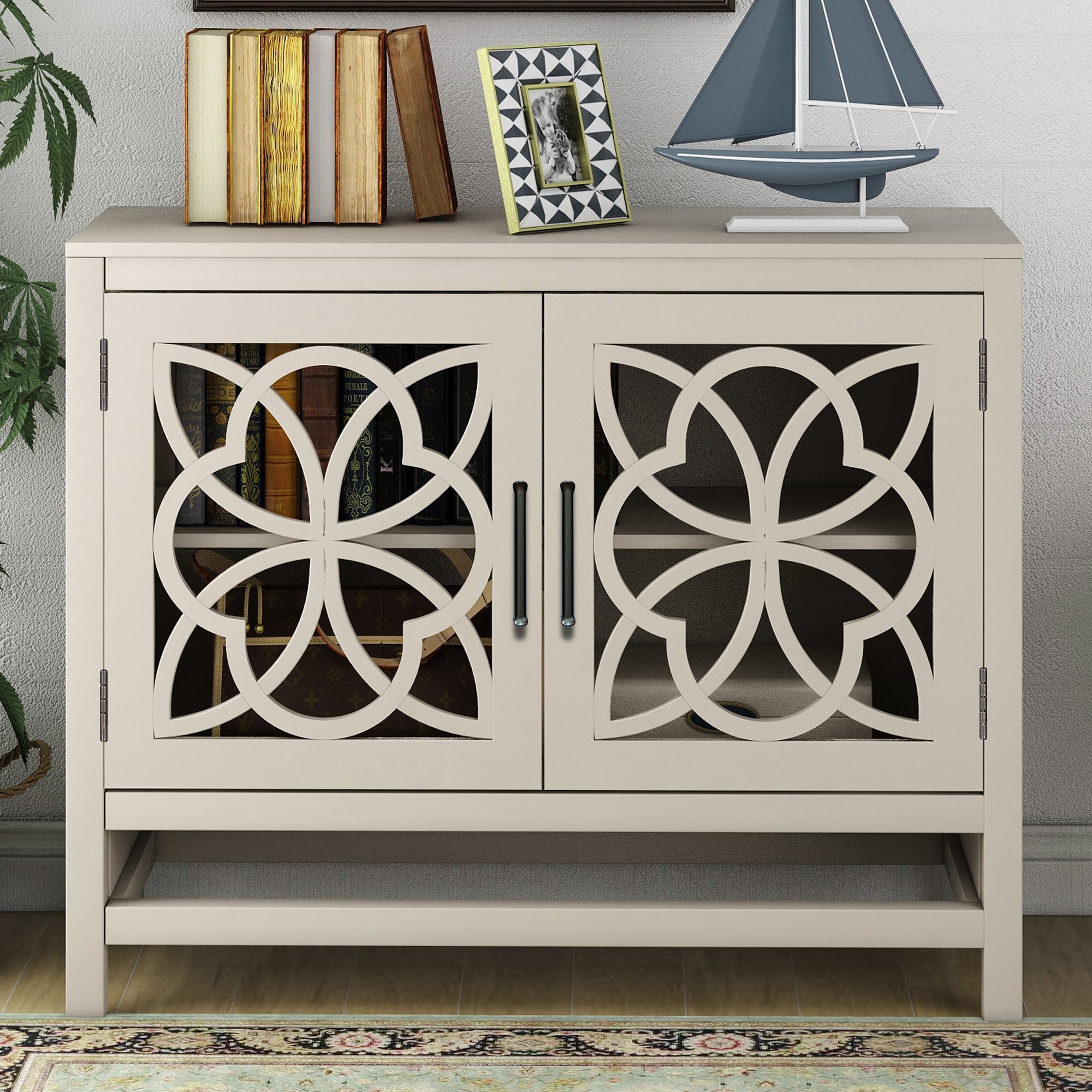 Aukfa Wood Sideboard Buffet Cabinet with Doors and Adjustable Shelf, Cream White