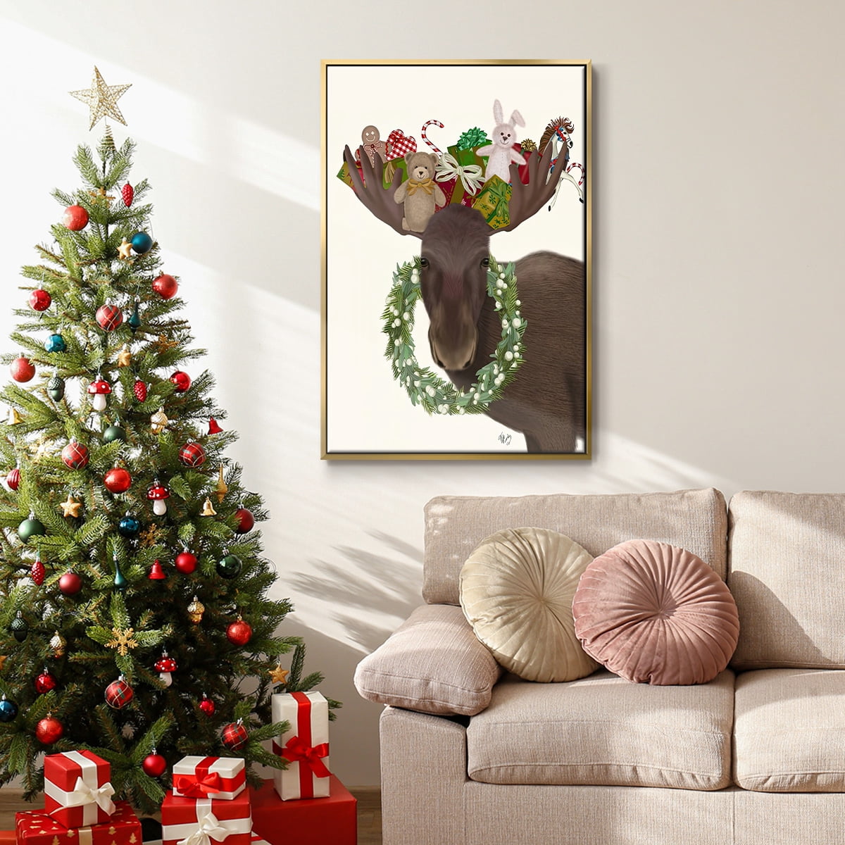 Christmas Moose and Christmas Gifts - Framed Gallery Wrapped Holiday Canvas - 27 x 41 - Gold Frame
