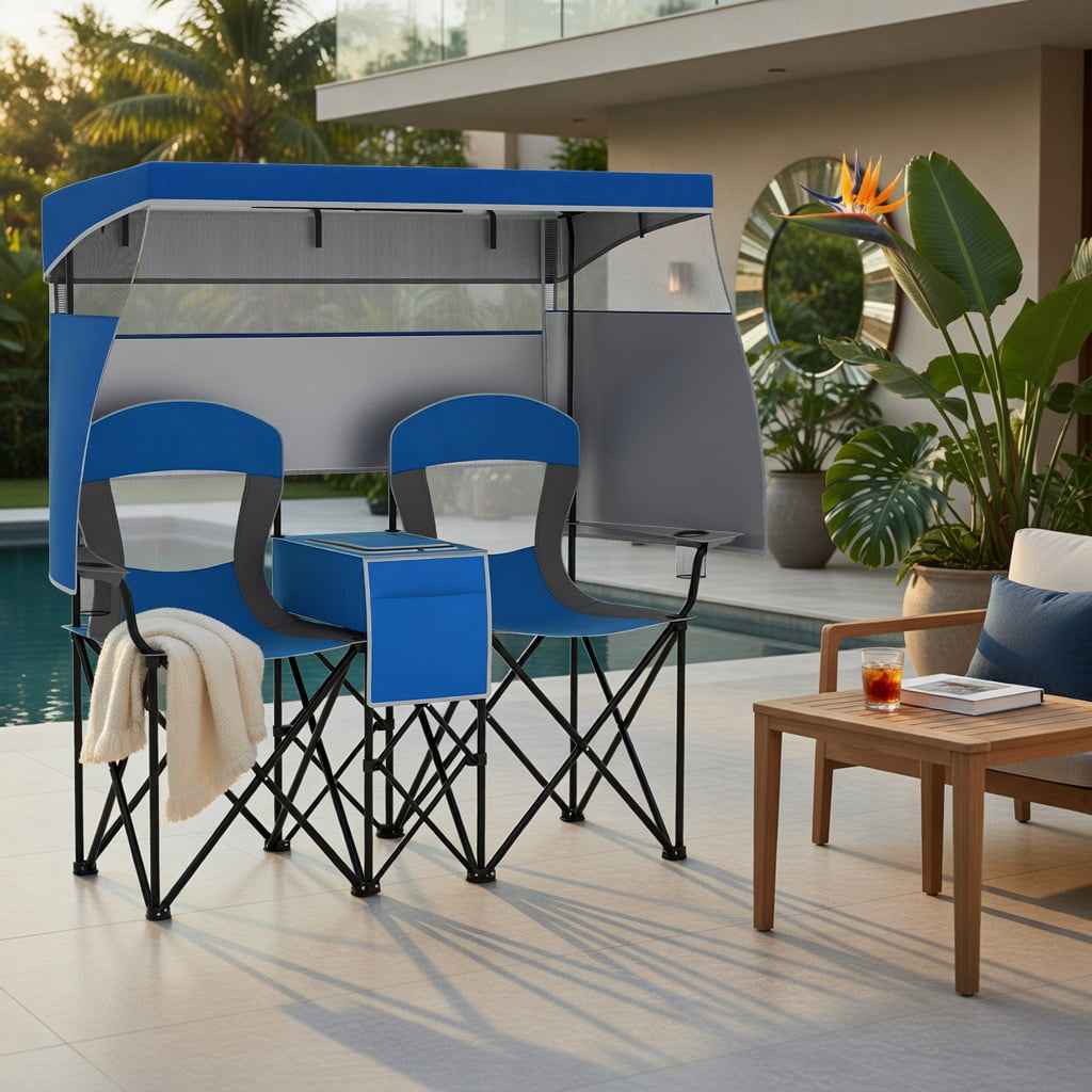 Hommoo Double Beach Chair with Adjustable UPF50+ Canopy, 3-Side Roll-Up Shade Curtains, Built-in Cooler Bag & Mesh Ventilation, Navy