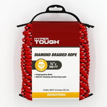 Hyper Tough Polypropylene, Diamond Braided Rope, Red, 1/4 inch x 100 feet