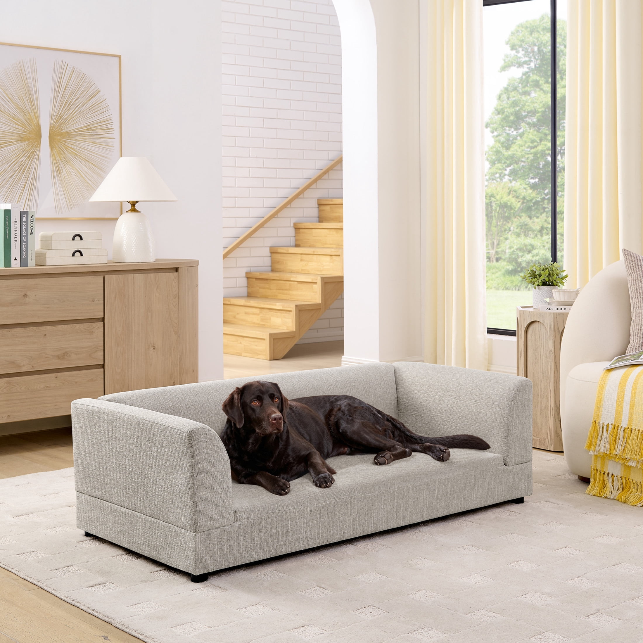 Noble House 57" Comfortable Oversized Pet Sofa, Modern Rectangular Dog Bed with Armrests and Cushion, Beige
