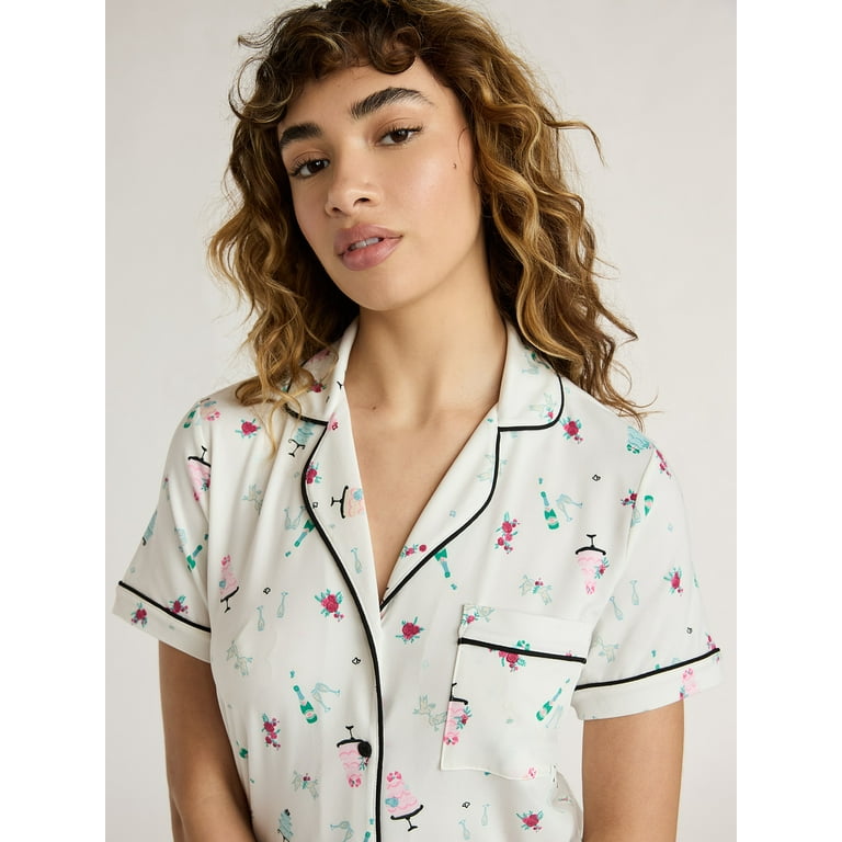 Joyspun Women's Notch Collar Top and Shorts Pajama Set, 2