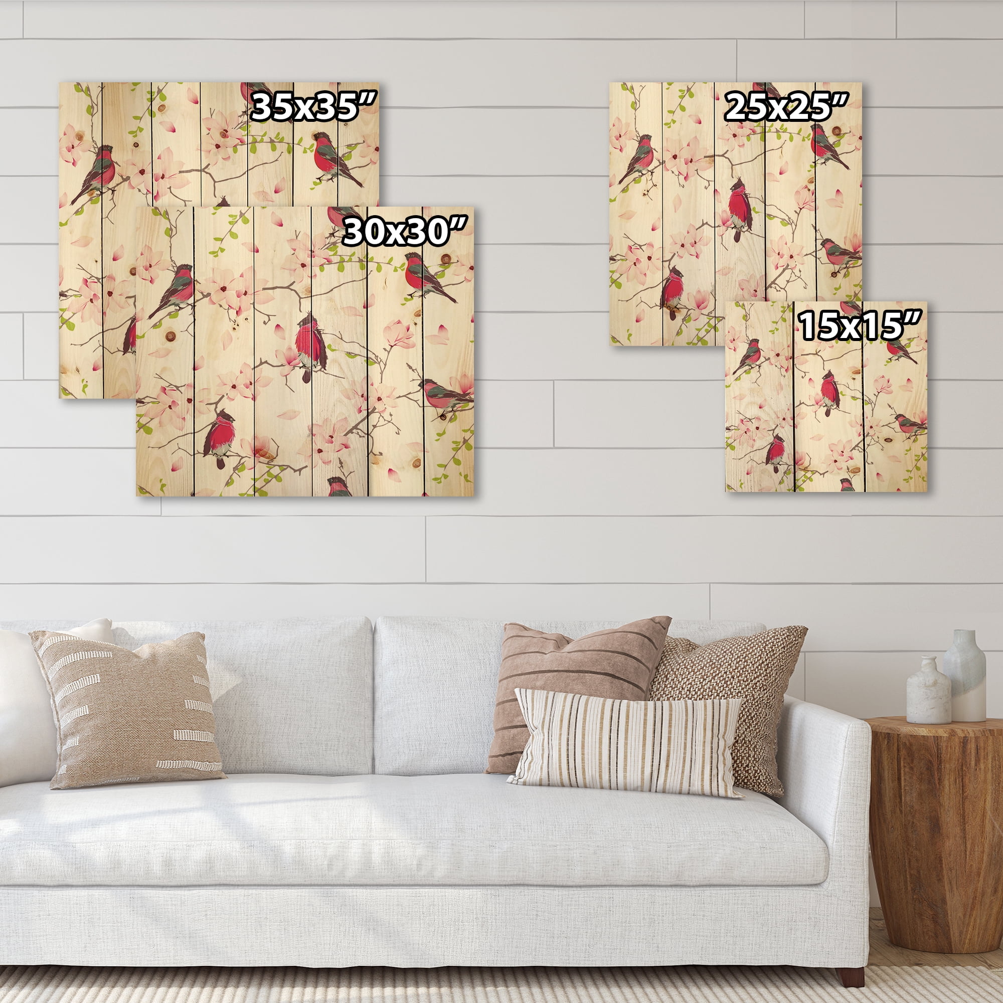 Designart 'Red Bullfinches Sitting On Magnolia Tree' Traditional Print on Natural Pine Wood