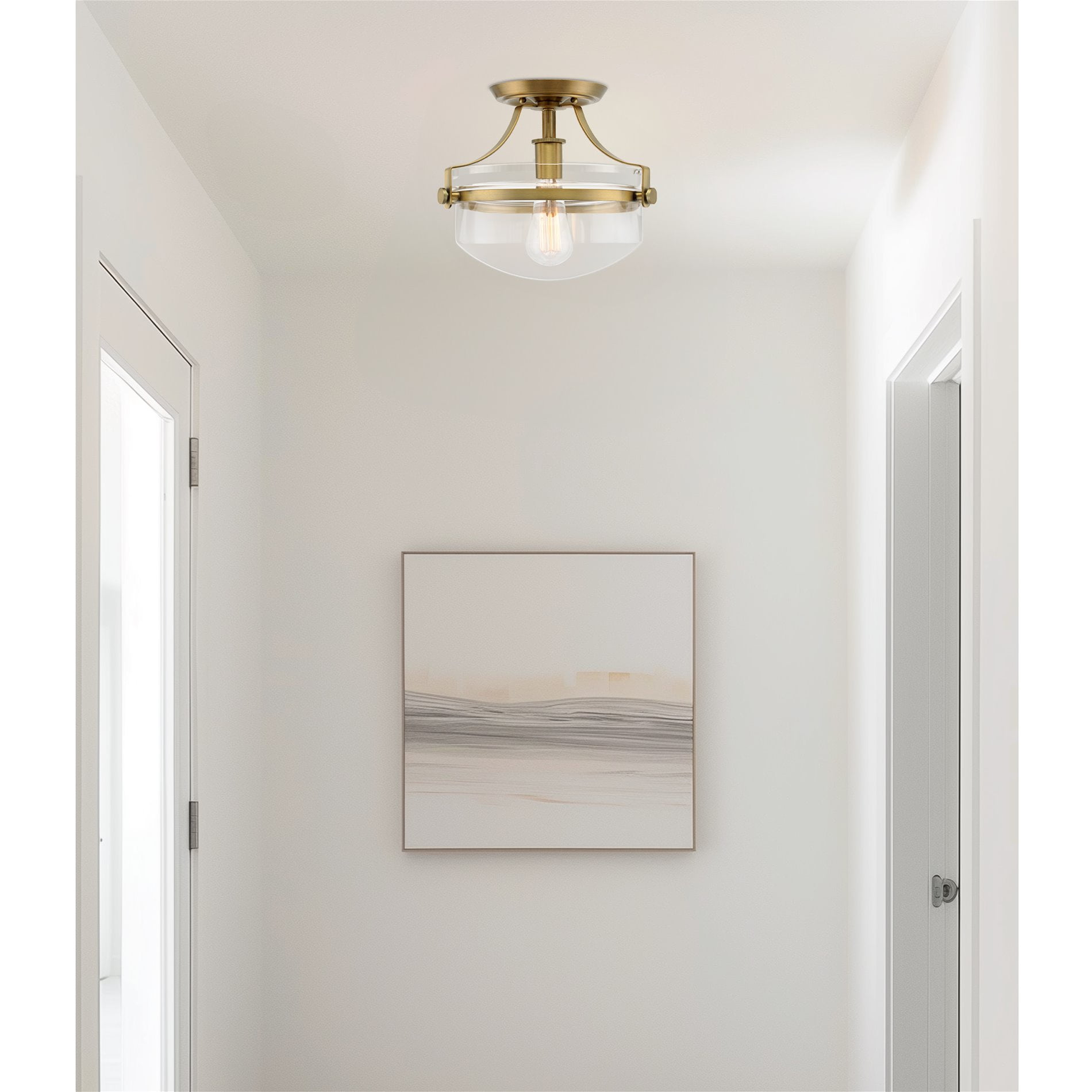 Kira Home Zurich 12" Rustic Farmhouse Semi-Flush Mount Ceiling Light + Glass Shade, Warm Brass Finish