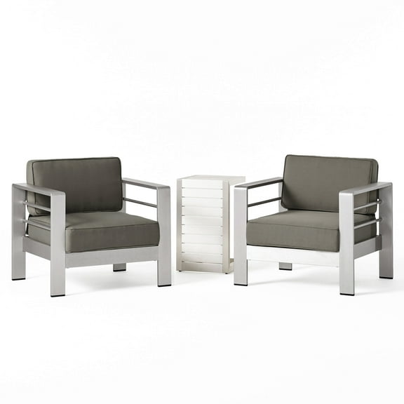 GDF Studio Crested Bay Outdoor Aluminum 3 Piece Chat Set with C Shaped Table, Silver, Gray Water Resistant Fabric, and Gray Aluminum