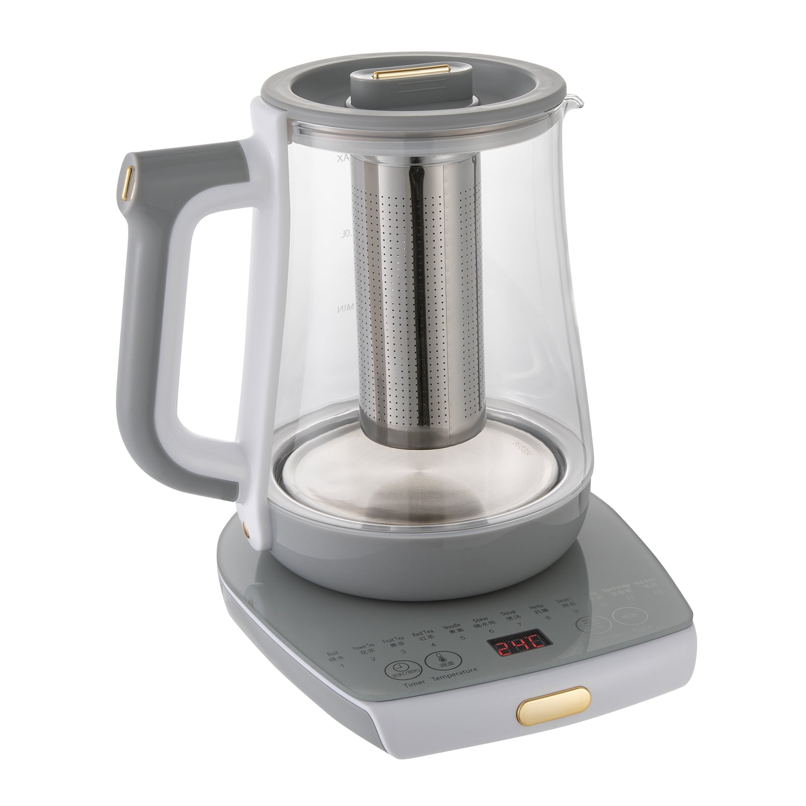 Electric Tea Kettle, 1.8L Glass Tea Maker with 304 Stainless Steel Filter, 12 Preset Functions and Digital Display for Home and Office Use