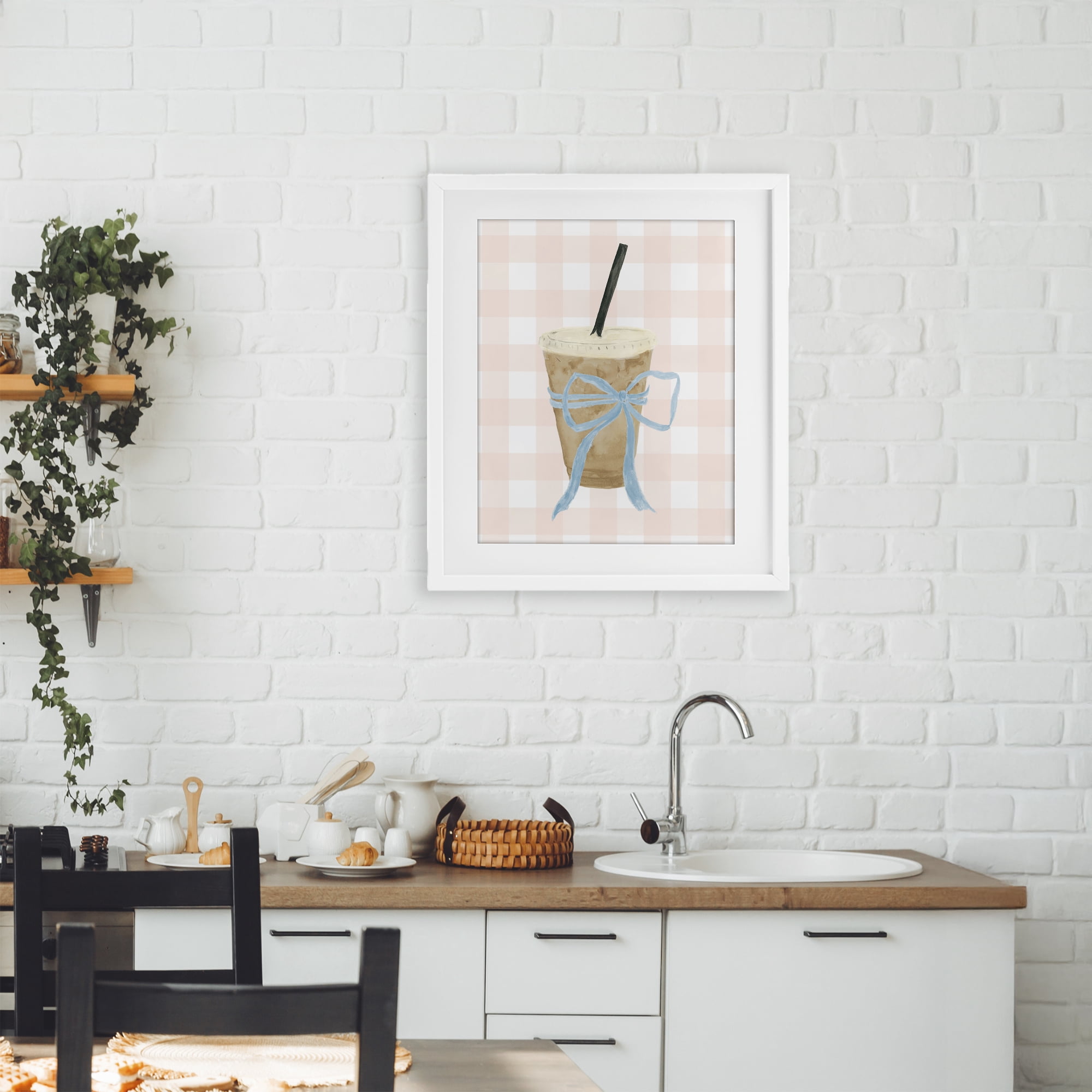 Stupell Industries Iced Coffee on Gingham White Framed Print Under Glass, design by Lucille Price