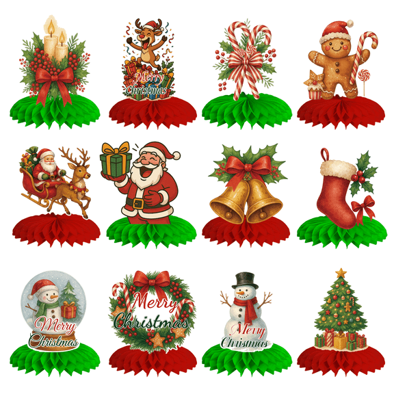 12PCS Christmas Party Decorations Christmas Honeycomb Centerpieces for Tables Xmas 3D Table Decorations with Santa Claus Snowman for Merry Christmas Party Supplies Holiday Indoor Home Decors