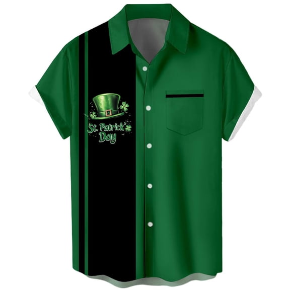 Hinvhai Mens St. Patrick's Day Hawaiian Shirt Shamrock Irish Printed Green Clover Short Sleeve Button Down Beach Shirts Tops Green-1 XL(XL)
