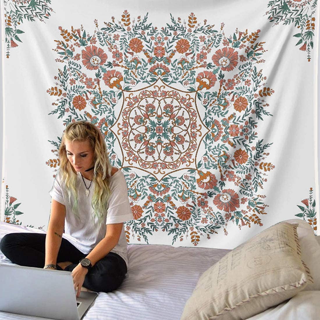 Cpdd Mandala Flower Tapestry Wall Hanging Bohemian Hippie White Tapestry Sketched Floral Print Tapestries For Home Bedroom Wall Decor Pink 10.08 X 7