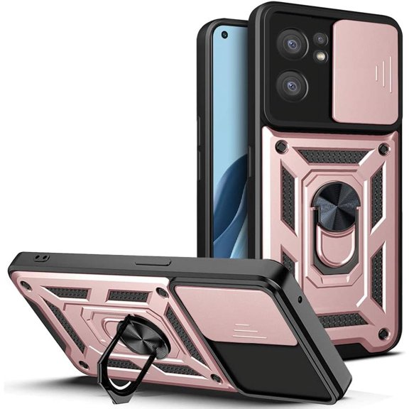 Sturdy Case for Oppo Reno7 5G with Slide Camera Window, Heavy Duty Military Grade Protection Phone Cover Built-in 360°Rotate Ring Stand for Oppo Reno7 5G SJ Rose Gold