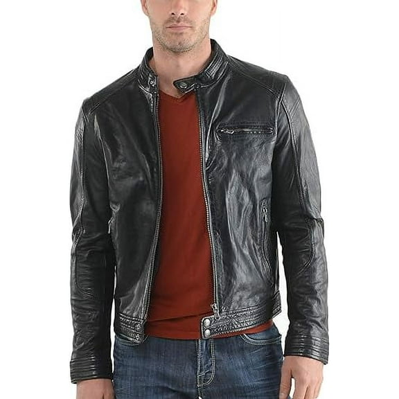 Mens Sheepskin Real Leather Jacket Zipper Biker Moto Slim Fit Jacket MJF026