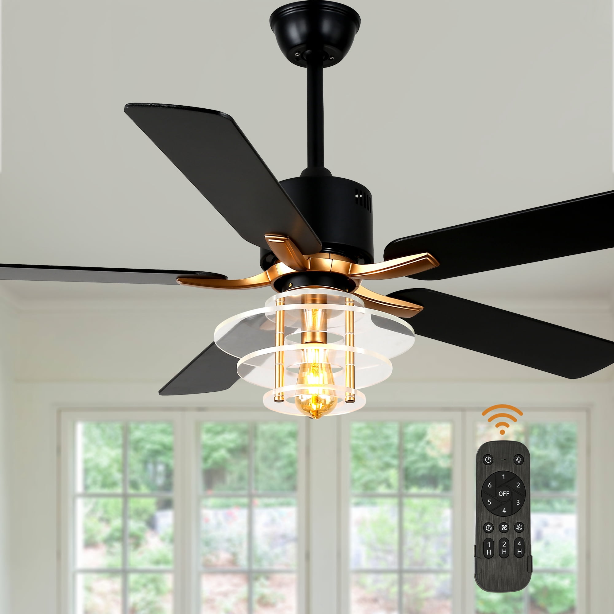 Bella Depot 52" Modern Black Ceiling Fan 6-Speed Reversible with Light and Remote Control