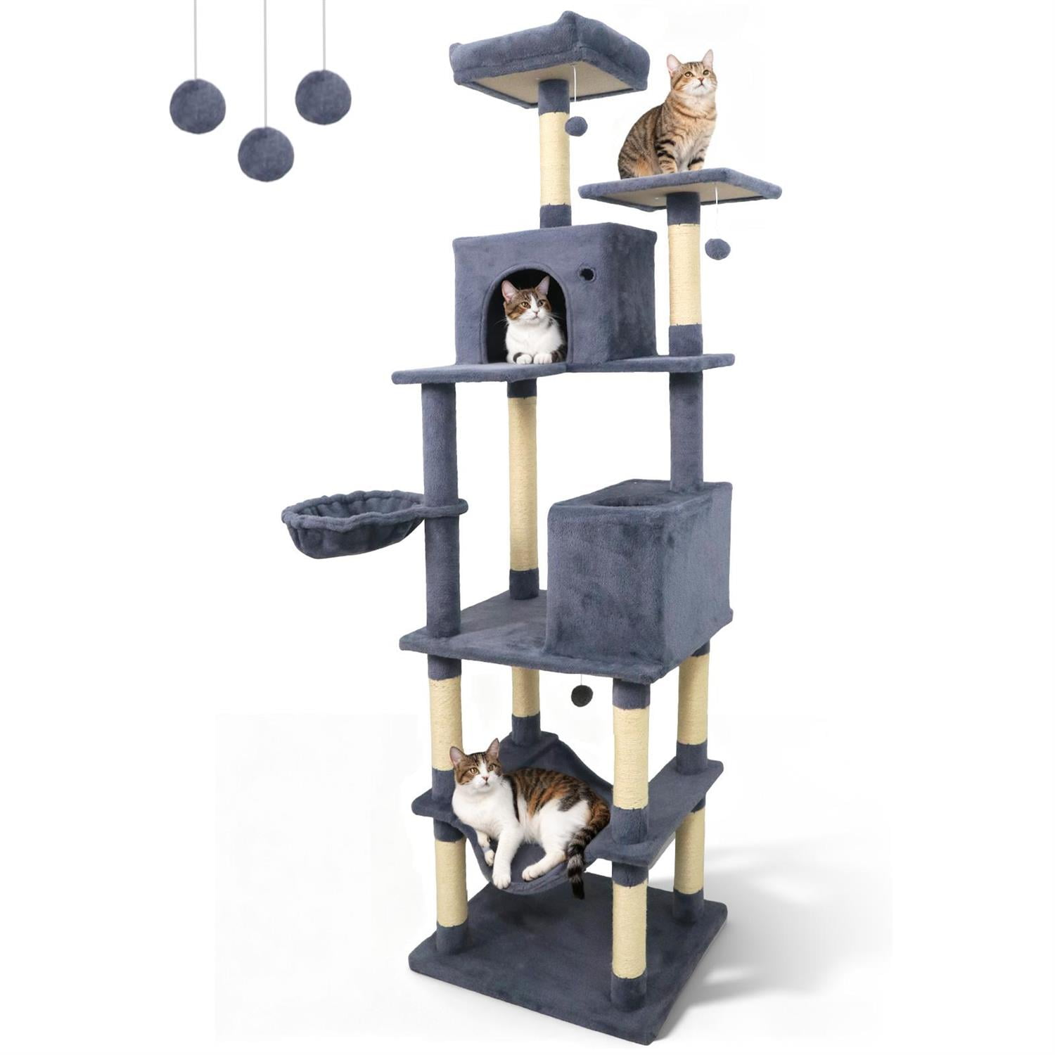 Pefilos 80" Tall Cat Tree, 2 Large Condos & Dangling Toys, Padded Top Perch & Sisal Posts, Dark Gray