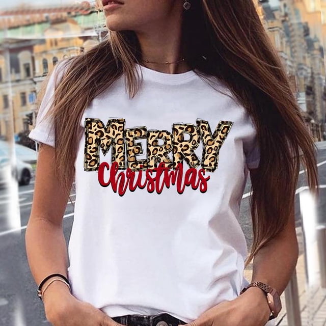 Camiseta de Año Nuevo con estampado de gato y Animal para mujer, ropa con estampado de Feliz Navidad, playera estampada para mujer